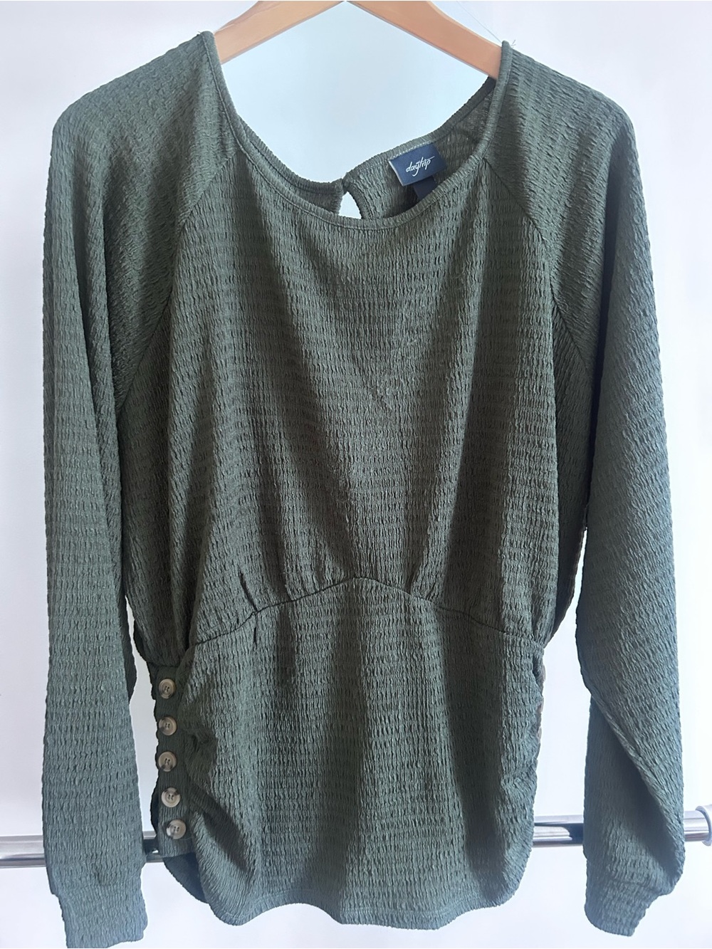 Daytrip Olive Waffle-Knit Long Sleeve Top with Side Button Accents